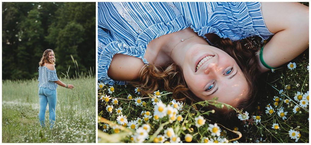 senior girl laying in flower field